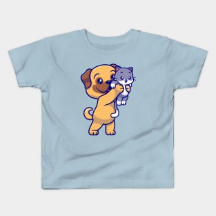 Cute Pug Dog Holding Baby Cat Cartoon Kids T-Shirt